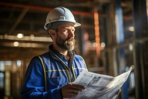 Construction worker holding a blueprint and discussing plans, bright background. Generative AI photo