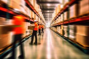 Blurred image of warehouse employees in action, moving shipping boxes efficiently. Generative AI photo