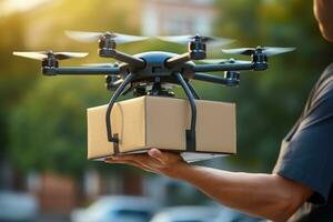 The drone is hoisting a package and shuttles through urban neighborhoods for delivery. Generative AI photo