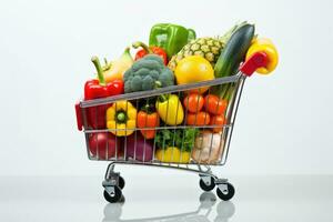 Shopping trolley full with vegetables and fruits. Generative AI photo