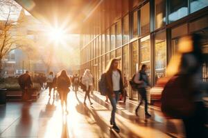 Photo blurry, Abstract Image of student People Walking on the school. Generative AI