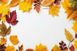 Autumn leaves on a white background With space for text. Generative AI photo