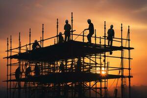 Silhouette construction worker on scaffolding building site. Generative AI photo