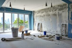 renovación y modernización con aplanado paneles de yeso paredes en un condominio habitación. generativo ai foto