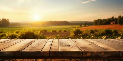 Empty wooden table top with farm landscape whit tractor during the autumn. Generative AI photo