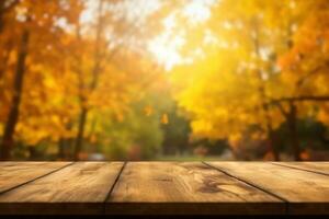 The empty wooden table top with blur background of autumn. Generative AI photo