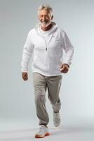 Senior man jogging Happy and energetic generation in white background. Generative AI photo