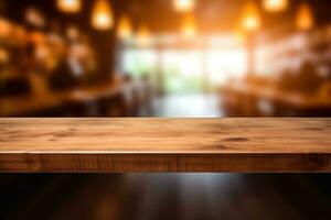 Wooden table top with blur background of coffee cafe. Generative AI photo