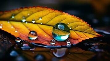 Extreme close up photography of a drop on a colorful leaf. Generative AI photo