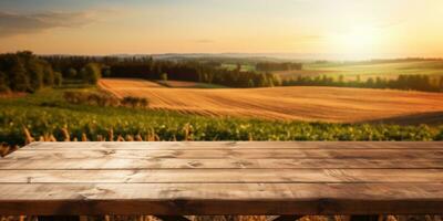 Empty wooden table top with farm landscape whit tractor during the autumn. Generative AI photo