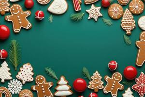 Christmas Banner with some presents, gingerbread man cookies on green background. Generative AI photo