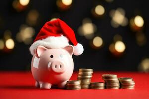 cerdito banco con Papa Noel claus sombrero y monedas en festivo rojo antecedentes. generativo ai foto