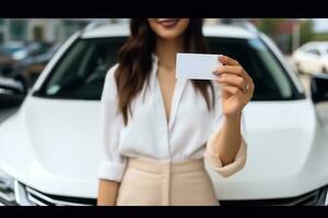 mujer muestra un blanco blanco negocio tarjeta. generativo ai foto