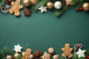 Navidad bandera con algunos regalos, pan de jengibre hombre galletas en verde antecedentes. generativo ai foto