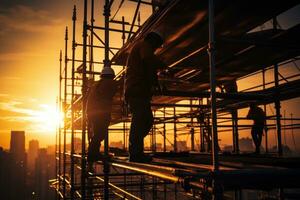 Silhouette construction worker on scaffolding building site. Generative AI photo