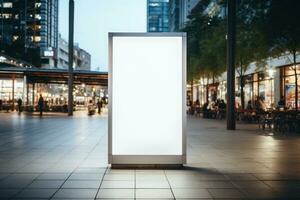 Public shopping center mall advertisement board space as empty blank white mockup. Generative AI photo