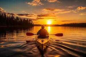 Model kayaking on a tranquil lake at sunset. Generative AI photo