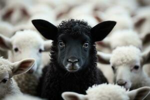 One black sheep in a flock of white sheep. Generative AI photo