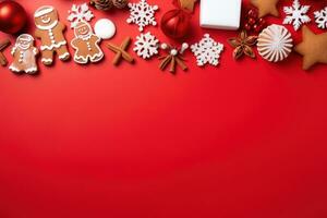 Christmas Banner with some presents, gingerbread man cookies on red background. Generative AI photo