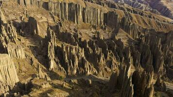 valle Delaware las animas agujas rock formación cerca la paz, Bolivia aéreo vista. zumbido moscas adelante, inclinación arriba. revelar Disparo video