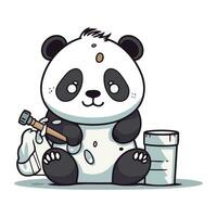 Panda with a hammer and a bucket of paint. Vector illustration