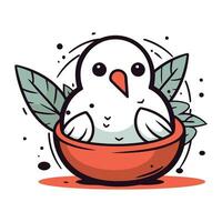 Cute penguin in a bowl with leaves. Vector illustration.