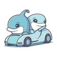 Cute cartoon couple of dolphins driving a car. Vector illustration.