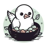 Cute cartoon bird in a bowl of eggs. Vector illustration.