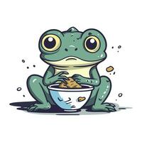 Frog with a bowl of food. Vector illustration in cartoon style.