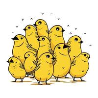 Group of cute little yellow chickens isolated on white background. Vector illustration.