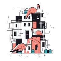 Flamingo in the city. Vector illustration in cartoon style.