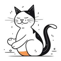 Black and white vector illustration of a cute cat sitting on the floor.