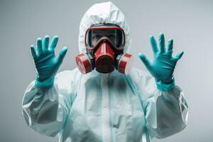retrato estilo foto de un persona vistiendo materiales peligrosos traje vistiendo químico guantes. generativo ai