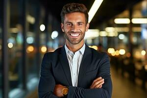 empresario vistiendo traje y sonriente para el cámara en un retrato. generativo ai foto