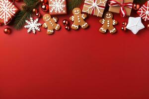 Christmas Banner with some presents, gingerbread man cookies on red background. Generative AI photo