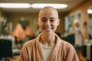 retrato de joven mujer luchando pecho cáncer. generativo ai foto