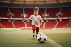 AI Generated Dribbling small boy plays football in stadium. Generative AI photo