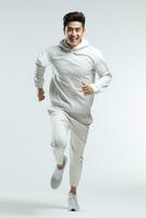 Asia male jogging Happy and energetic generation in white background. Generative AI photo