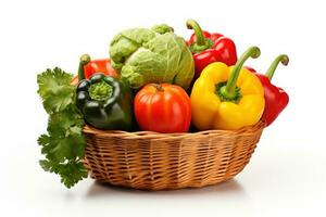 Basket of vegetables in hand of mature man, isolated on white background, studio lighting. Generative AI photo