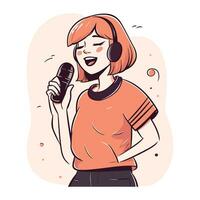 Young woman singing karaoke with microphone. Vector illustration in cartoon style.