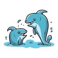 Cartoon dolphin and baby dolphin on white background. Vector illustration.