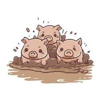 Vector illustration of cute little pigs in the mud on a white background
