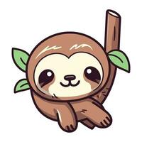 Cute cartoon sloth sitting on a branch. Vector illustration.