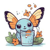 Cute cartoon butterfly drinks water from a glass. Vector illustration.