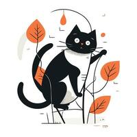 Cute black cat sits on a branch among the autumn leaves. Vector illustration.