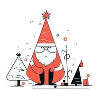 Papa Noel claus con Navidad árbol. vector ilustración en plano lineal estilo.