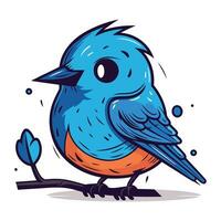 Vector illustration of a blue bird on a branch. Cartoon style.