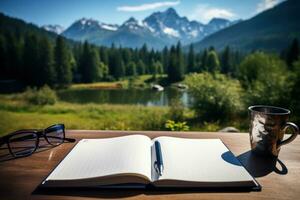 Notebook on the desk, pen next to it, closeup, mountains in the background. Generative AI photo