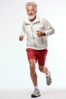 Senior man jogging Happy and energetic generation in white background. Generative AI photo