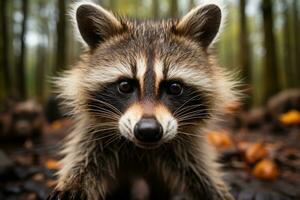 A close-up shot of a cute Raccoon striking face, its focused eyes, documentary photo. Generative AI photo